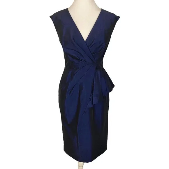 EVAN PICONE | Shiny Blue Violet Cap Sleeve Ruffle Evening Cocktail Sheath Dress - Picture 3 of 10